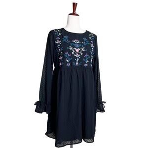 XHILARATION Target Swiss Dot Floral Embroidered Babydoll Mini Dress Black Sz S
